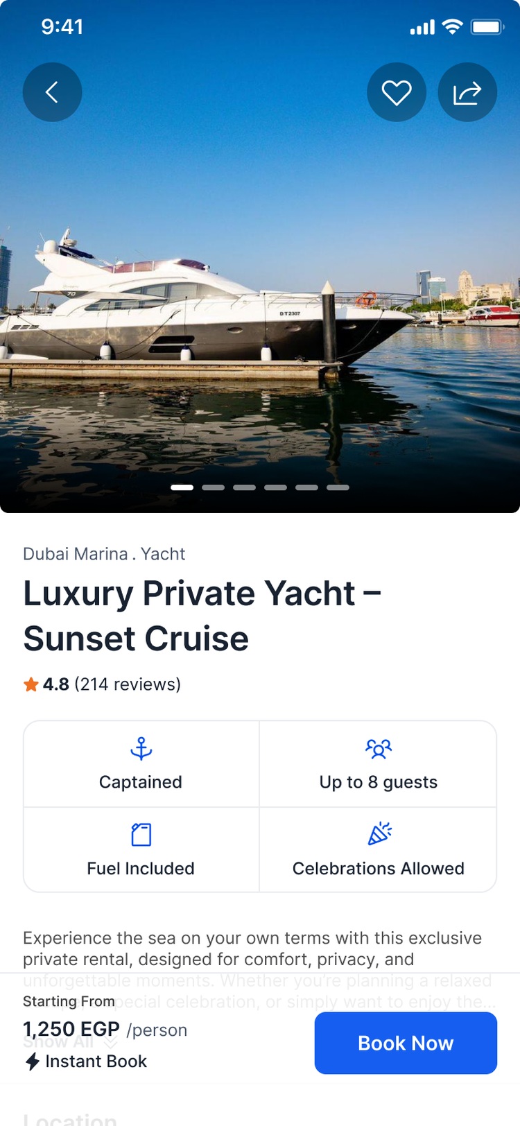 SeaLife listing screen — a private yacht sunset cruise with booking details