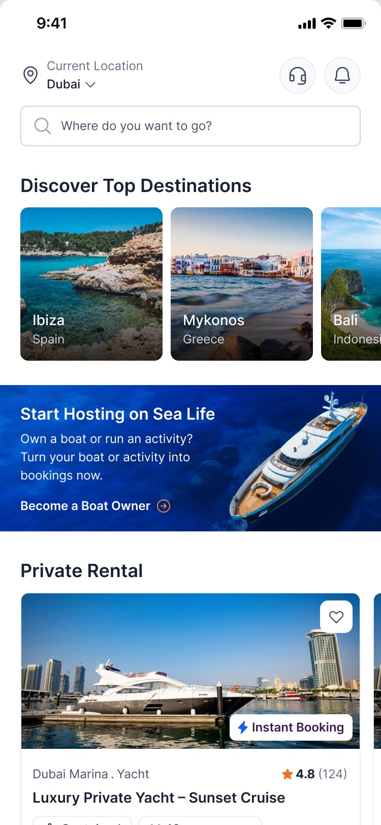 SeaLife home screen — top destinations, private rentals, and experiences